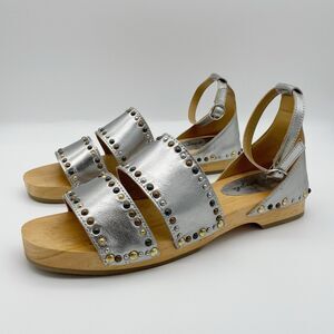 Free People Sandals 10 / 41 North Shore Clog Silver Leather Strappy Studded Wood